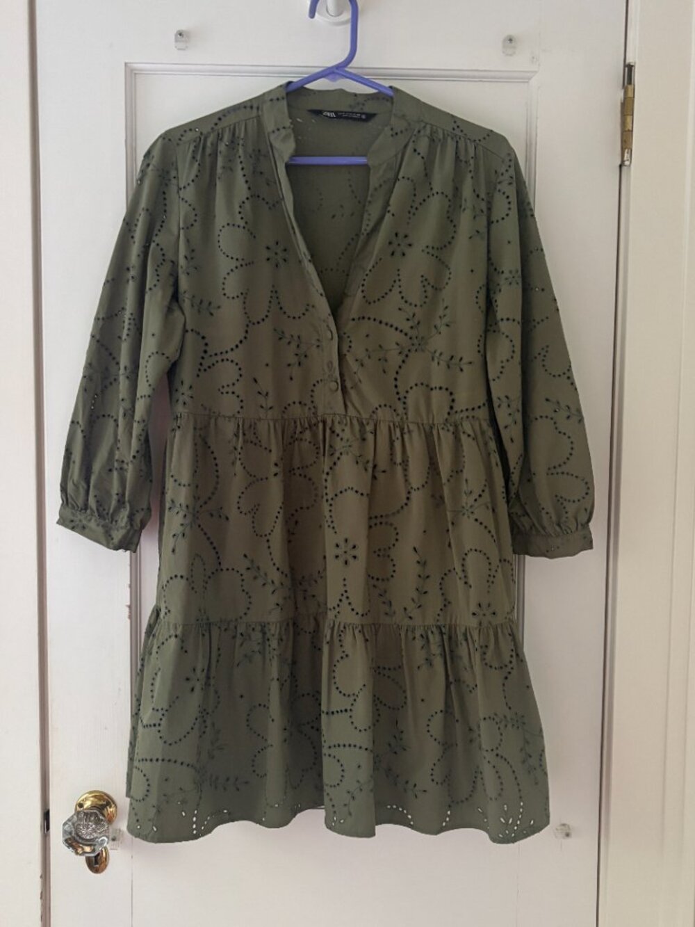 Zara Openwork Embroidered Khaki Mini Dress Size Medium 100% Cotton - Picture 2 of 9